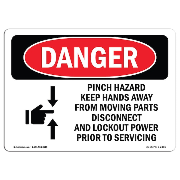 Safety Sign, OSHA Danger, 18" Height, 24" Width, Aluminum, Pinch Hazard Keep Hands Away, Landscape